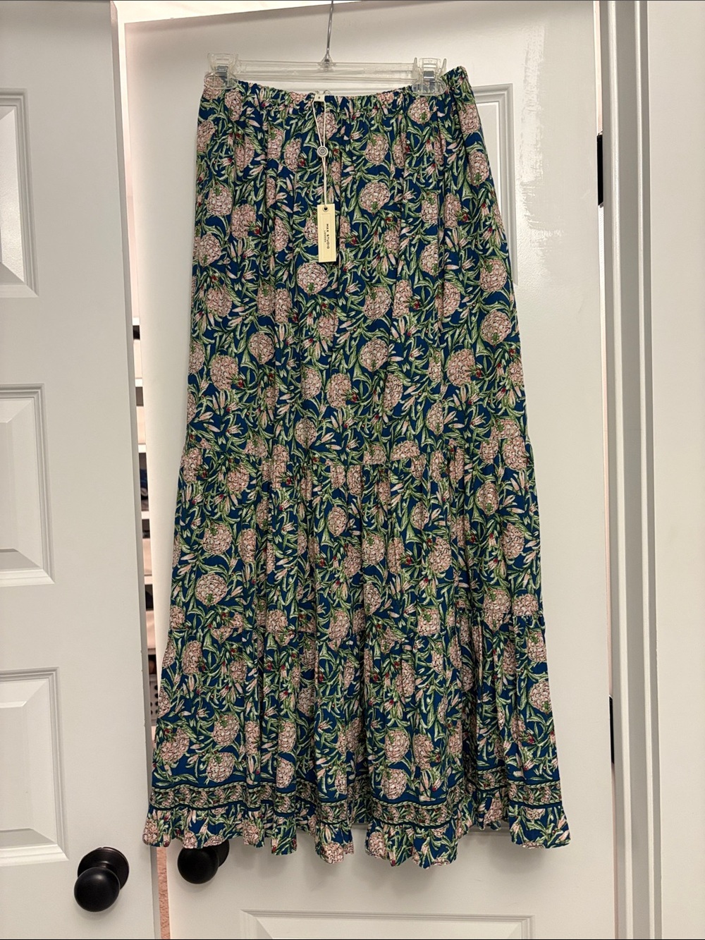 Max Studio Navy Floral Tiered Maxi Skirt with Pink and Green
